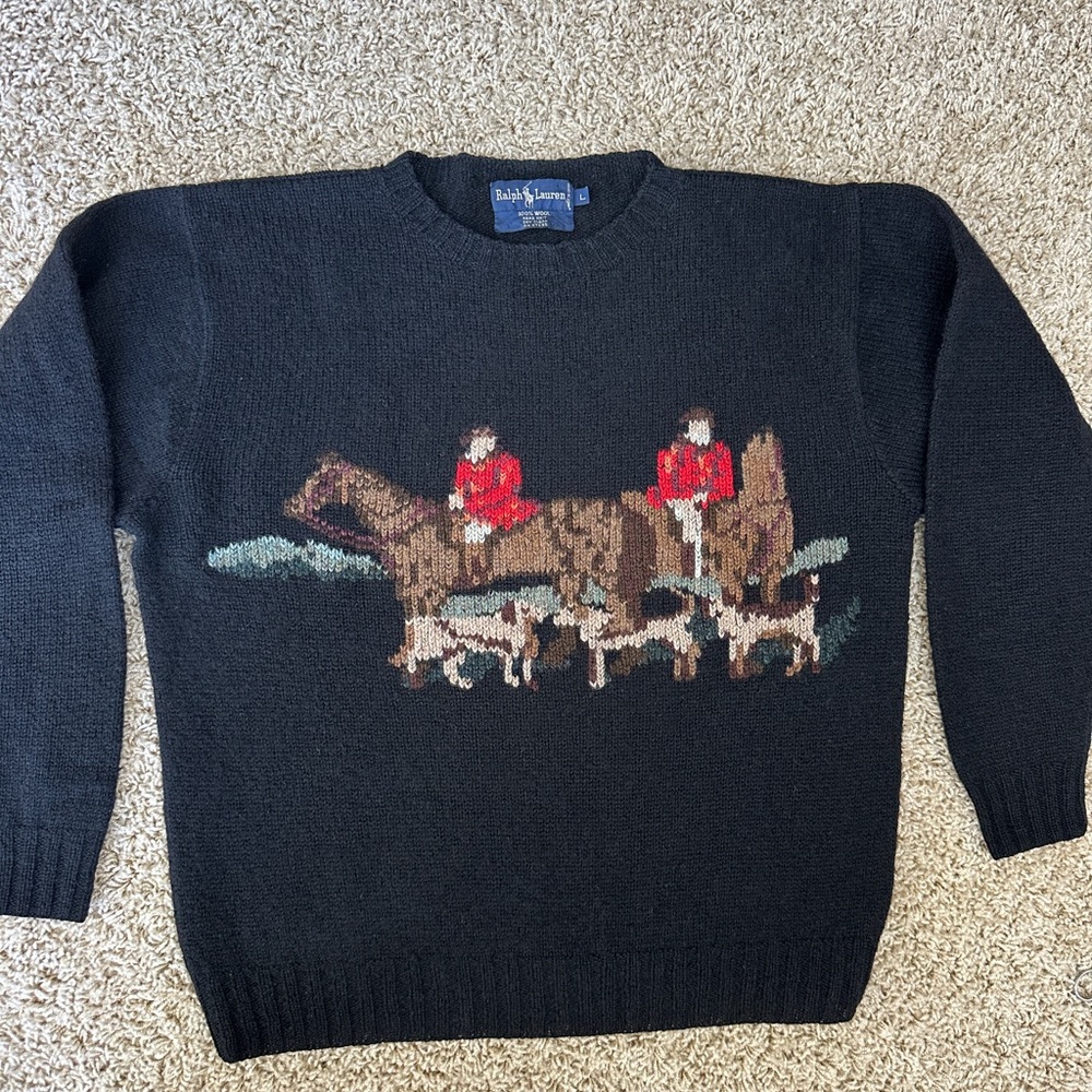 RARE - RALPH LAUREN Vtg Equestrian Horse English Hunt Wool Hand Knit Sweater L - Picture 5 of 15